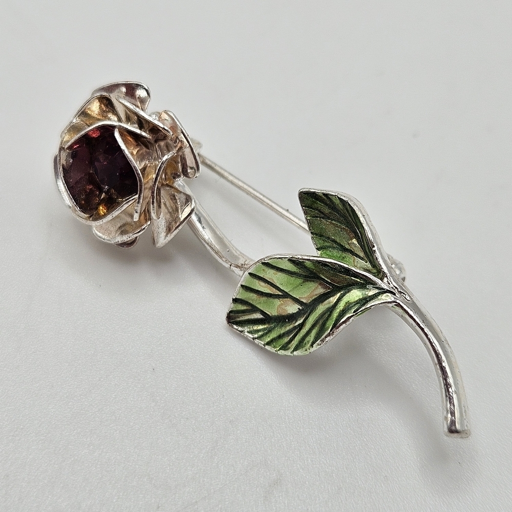 VINTAGE Avon Silver Tone Lavender Pink Rhinestone Center Rose Flower Brooch Pin